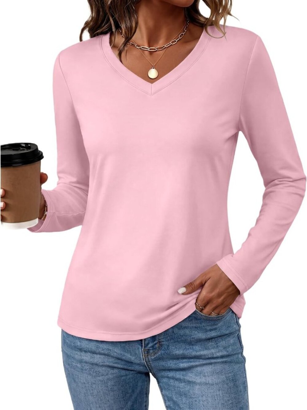 Women's V Neck Long Sleeve Cotton Blend Tee - Casual, Comfy, Everyday Top